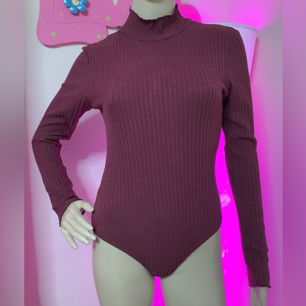 Ribbed Lettuce Edge Mock Neck Long Sleeve Bodysuit - Assorted Colours